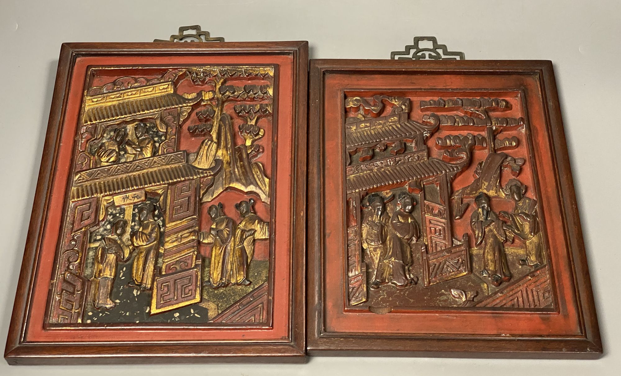 Two Chinese lacquered wood panels, late Qing dynasty